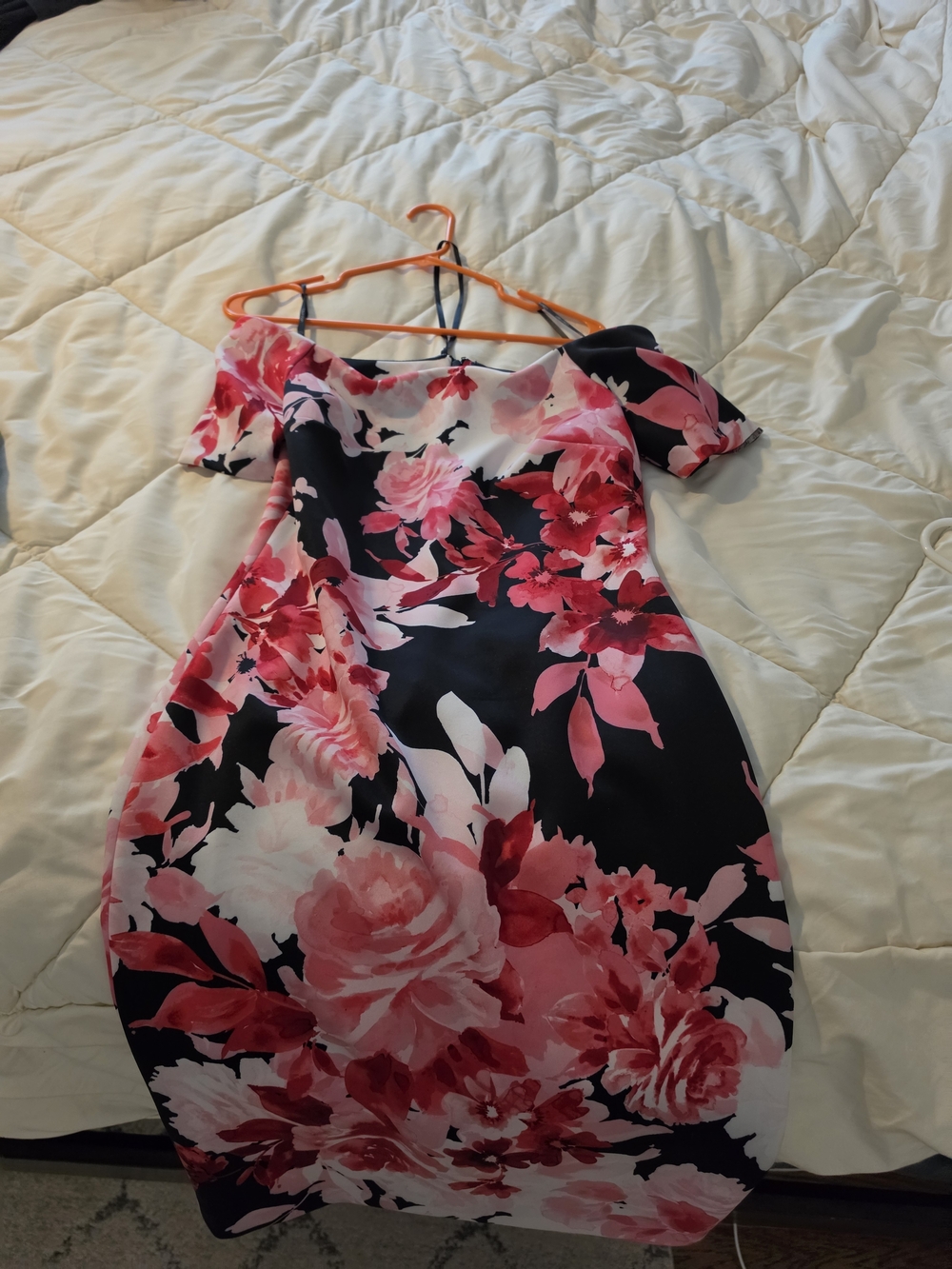 Calvin Klein One-Shoulder Floral Bodycon Dress in Black and Pink